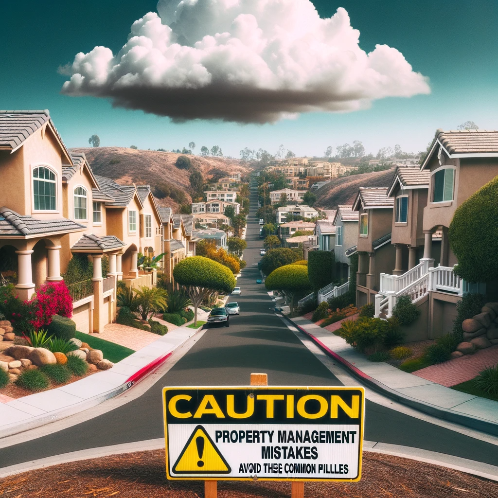 Street in El Cajon showcasing a contrast between a well-maintained property and a neglected one, with a caution sign symbolizing common property management mistakes.