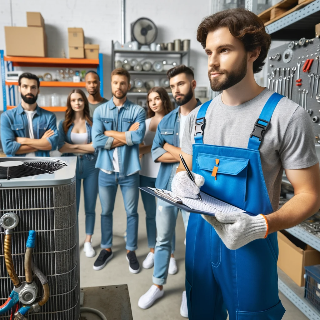 Professional HVAC technician inspecting a unit with a diverse group observing, and a banner highlighting 'The Ultimate Guide to HVAC Services'