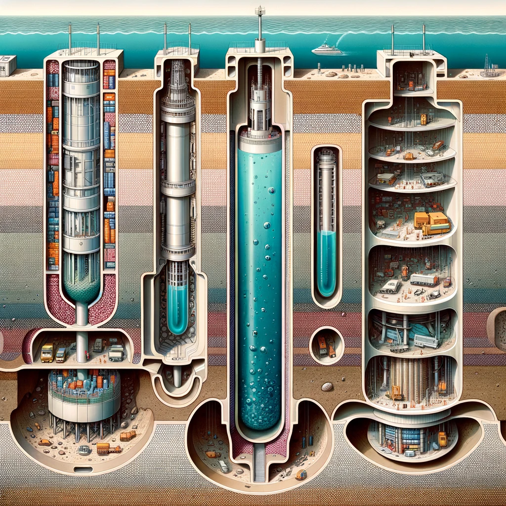 A cross-sectional illustration showcasing various types of caissons—open, box, and floating—embedded in the ground, demonstrating their differences in depth and structure.