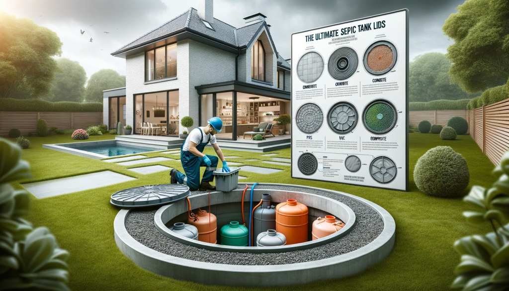 Professional worker inspecting an open septic tank in a suburban backyard, with an infographic displaying various septic tank lid types.