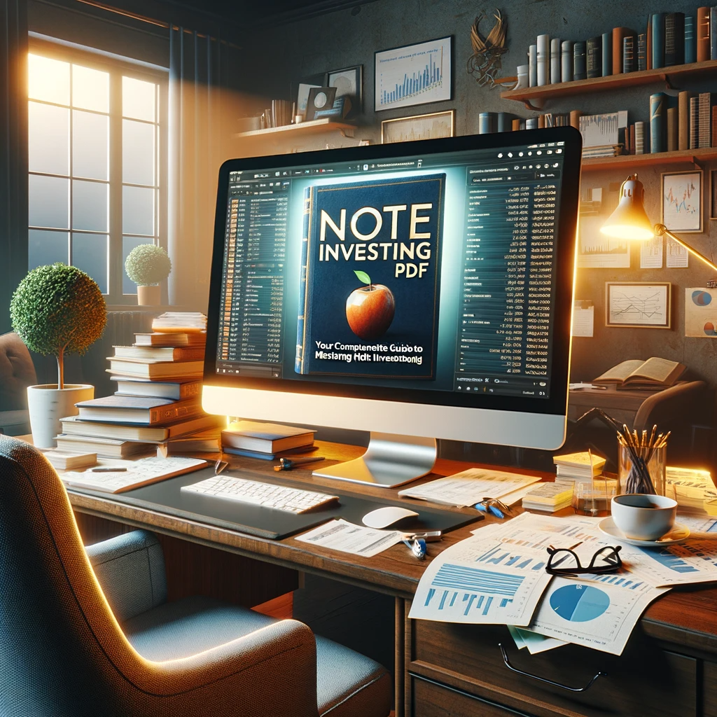 A study room with a computer screen displaying 'Note Investing: Comprehensive Guide', surrounded by financial documents, a bookshelf with literature, and a cozy chair.