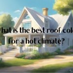 A bright, sun-drenched landscape with a house featuring a light-colored roof, such as white or light gray, to reflect heat in a hot climate