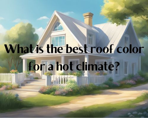 A bright, sun-drenched landscape with a house featuring a light-colored roof, such as white or light gray, to reflect heat in a hot climate