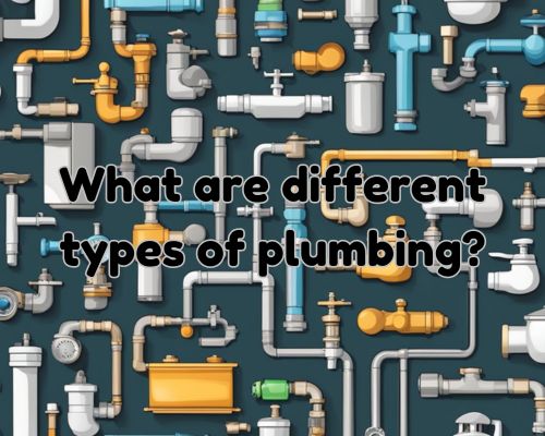 A collection of various plumbing fixtures and components, including pipes, valves, faucets, and drains, arranged in an organized and orderly manner