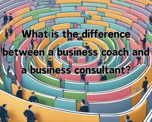A business coach guiding a group through a maze, while a business consultant points out the best path from a distance