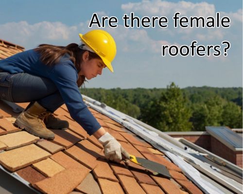 a female roofer working on roof shingle