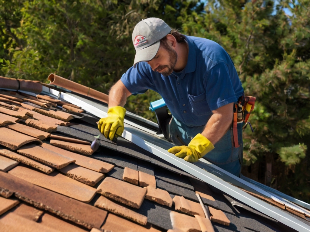 Hardworking roofer on the job.
