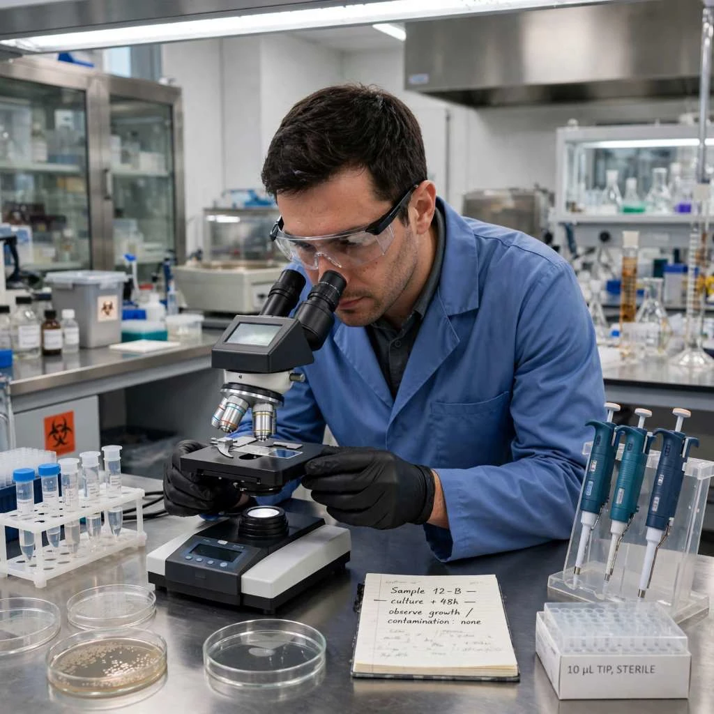 Scientist Using Microscope In Lab